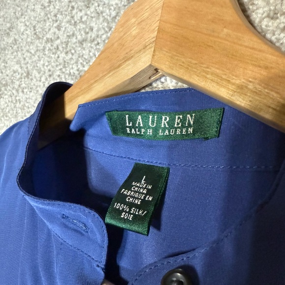 Lauren Ralph Lauren 100% Silk Blouse Blue Long Sleeve Size L Luxury Office Work - Picture 4 of 9